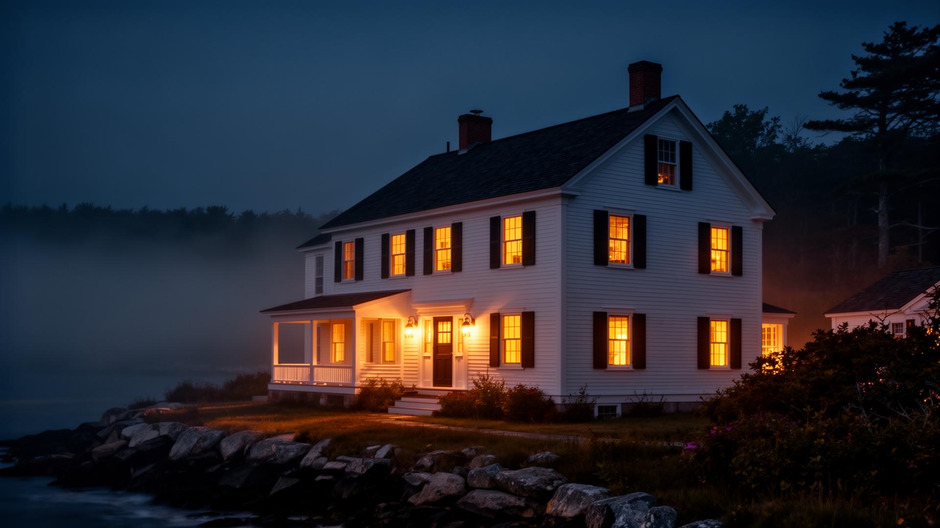 Classic Maine coastal home at dusk financed with Vision Mortgage LLC